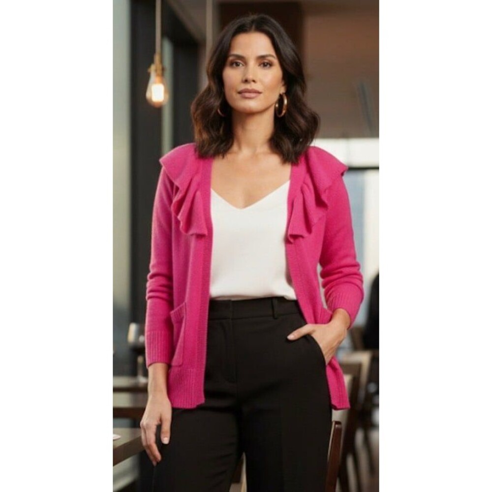 CHARTER CLUB Luxury Hot Pink Barbiecore Cashmere Ruffle Open Front Cardigan M